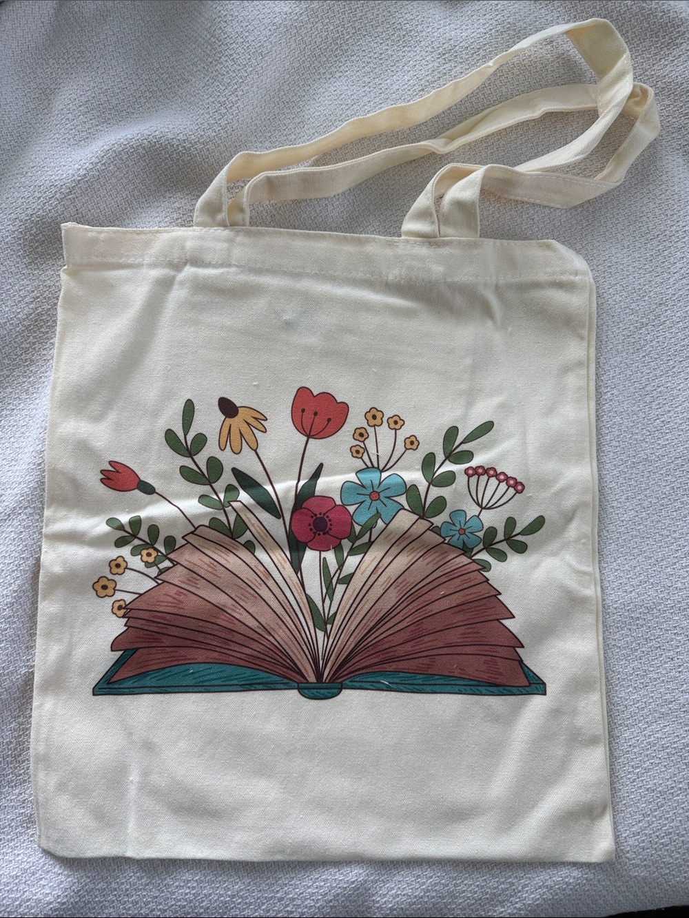 Cream Floral Book-Illustration Canvas Tote Bag